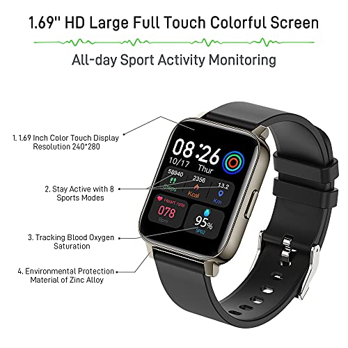 Smartwatch, Reloj Inteligente Deportivos Hombre Mujer Pantalla TFT de 1,69”, Impermeable IP68 Pulsera Actividad Sport con Fitness Tracker Monitor de Sueño Contador Caloría Pulsómetros Podómetro Negr