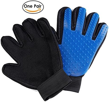 Gentle Deshedding Mitt Pet Grooming Glove - Efficient Pet Brush Gloves For Cats Dogs Horse One Pair Enhanced Five Finger Design Massage Tool For Long &amp; Short Fur (Blue)