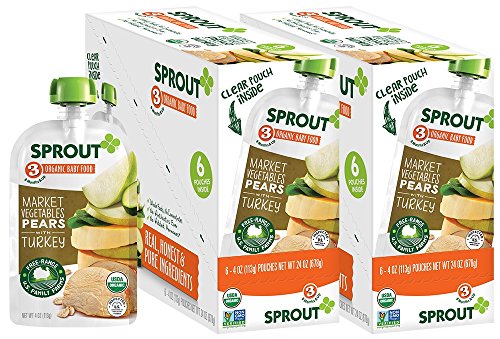 Sprout Organic Baby Food Pouches Stage 3 Sprout Baby Food, Market Vegetables Pears with Turkey, 4 Ounce (Pack of 12); USDA Organic, Non-GMO, 3 Grams of Protein, Free Range Turkey