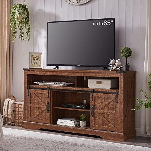 OKD Farmhouse TV Stand for 65+ Inch TV, 33" Tall Highboy Entertainment Center w/Sliding Barn