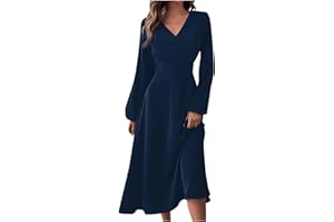 GENERIC Long Sleeve Midi Dress for Women 2024 Spring V Neck High Waisted T Shirt Dress Casual Flowy A Line Swing Formal Party Dresses