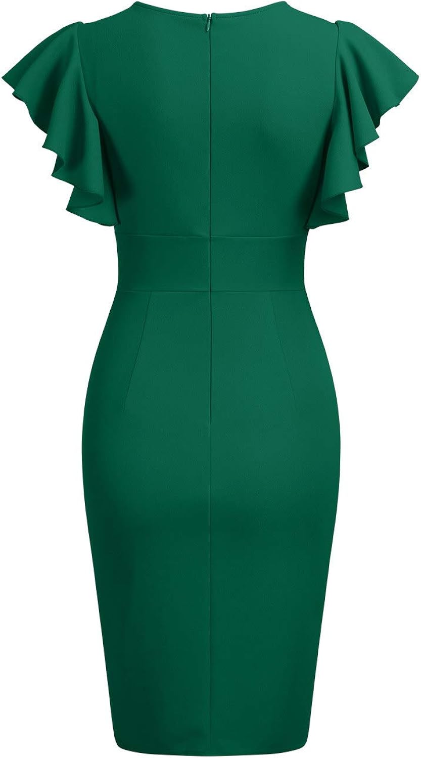 Knitee Women's Deep-V Neck Ruffle Sleeves Cocktail Party Pencil Slit Formal Dress: Clothing