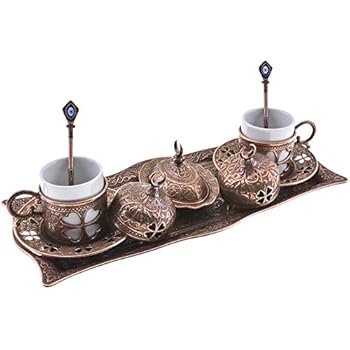 Premium Turkish Greek Arabic Coffee Espresso Serving Set for 2,Cups Saucers Lids Tray Delight Sugar Dish 11pc (Antique Brown)
