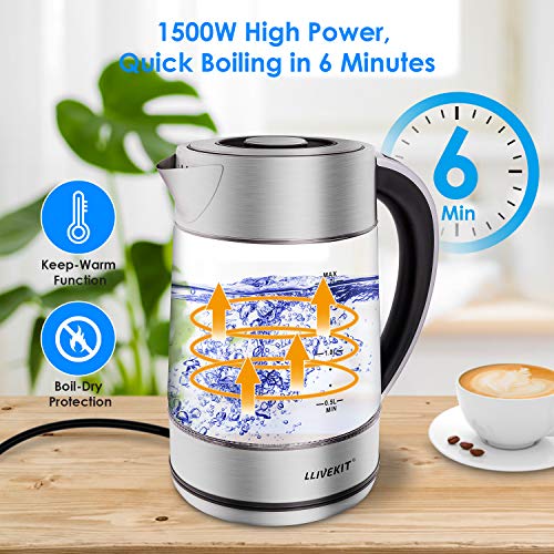 LLivekit 1.7L Glass Electric Kettle, 1500W Tea Kettle with Temperature