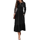 Mieazom Women's Long Sleeves Maxi Dress Casual Loose Tiered Flowy Swing Beach Long Dresses with Pockets