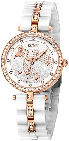 BUREI Womens Stylish Dress Quartz Watches with Pretty Face Diamond bezel Mineral Crystal Ceramic strap