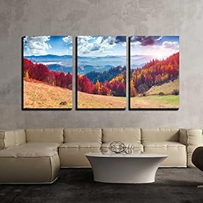 3 Piece Canvas Wall Art - Colorful Autumn Landscape in The Mountain Village. - Modern Home Art Stretched and Framed Ready to Hang - 16"x24"x3 Panels