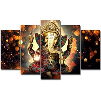 LiftGather 5pcs / set waterproof canvas painting elephant trunk God Ganesha HD print home wall hanging art prints modular pictures(40