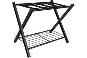 mocomax 1 Pack Folding Luggage Rack for Guest Room, Foldable Suitcase Stand Holder with Metal Storage Shelf for Bedroom, Living Room, Hotel Essentials, Heavy Duty Steel Frame, Black