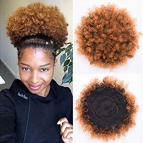 BEIRA Synthetic Afro Puff Drawstring Ponytail Short Kinky Curly Hair Bun Extension Donut Chignon Hairpieces Wig Updo Hair Extensions with Two Clips(T1B/30)