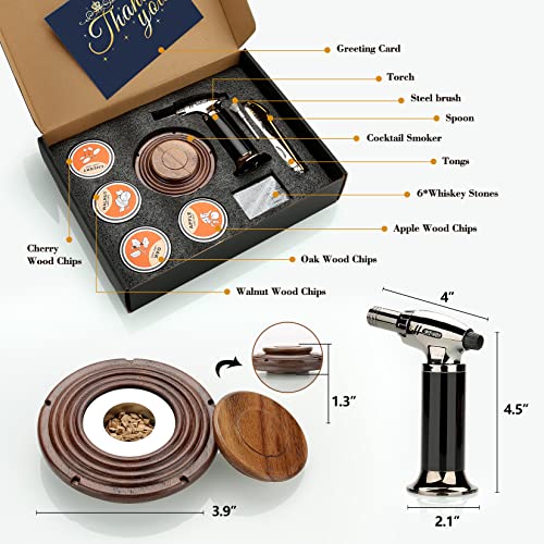 Kit Ahumador de Whisky CóCtel con Antorcha, Kit de Coctelería, Whisky Bourbon con 4 Tipos de Virutas de Madera Y 6 Trozos De Granito, Idea de Regalo para Amantes del CóCtel, Hombres, Papá, Marido,Jefe