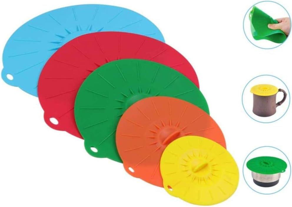 JJLng Silicone Lids, Food Grade Heat-Resistant Silicone Bowl Lids 5 Colors Fits Various Sizes of Cups, Bowls, Pans, Containers