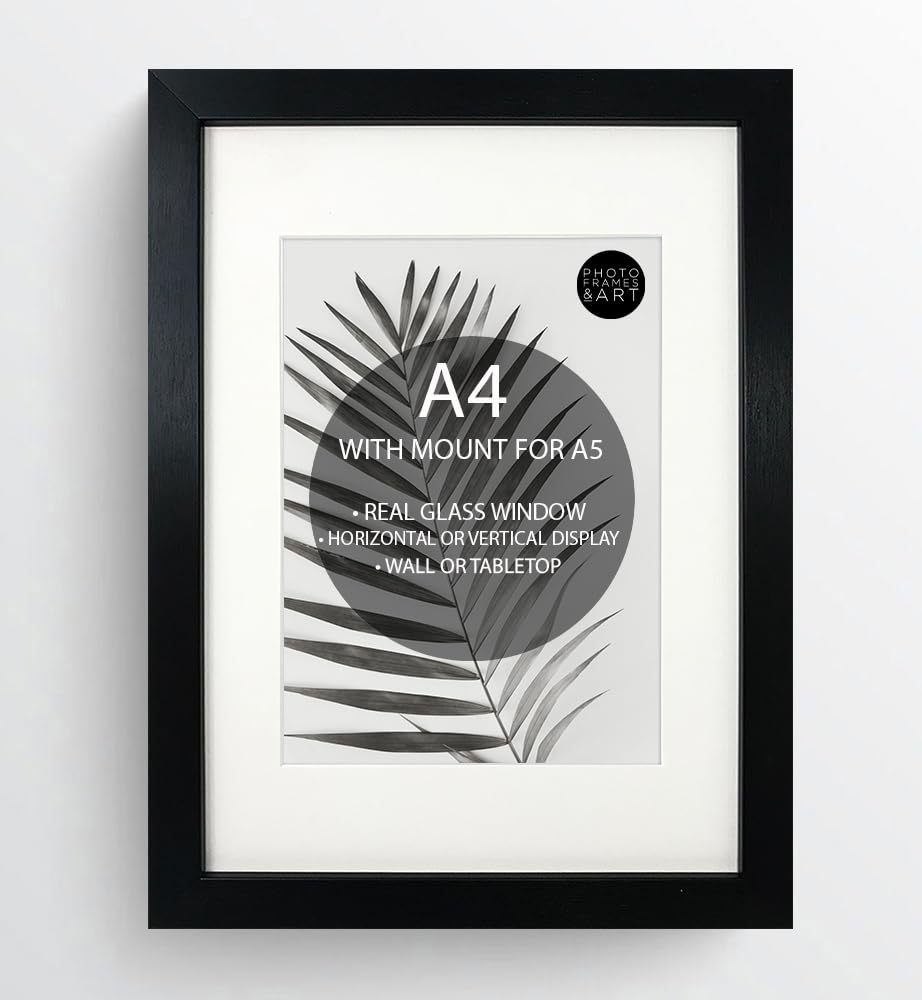 pf+a REAL GLASS A4 For A5 Frame With Mount - Picture Frame For A5 With Mount - A4 For A5 Oxford Black Frame