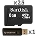 25 PACK - SanDisk 8GB MicroSD HC Memory Card SDSDQAB-008G (Bulk Packaging) LOT OF 25 with USB 2.0 MicoSD & SD Memory Card Reader 