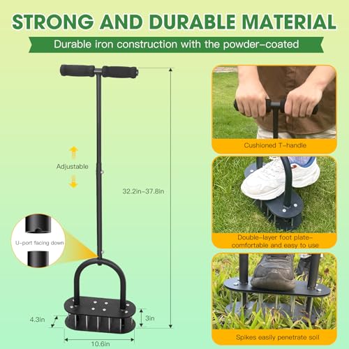 Onadak Lawn Aerator Automatic Dirt and Leaf Clean Design,Pre-Assembled 15 Iron Spikes Metal,Soil Lawn Aerating Tools for Yard Lawn and Garden, lawn aerator spikes aerating tool
