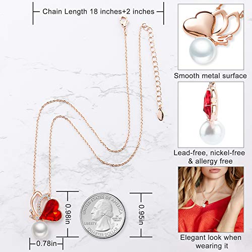 ZRU Heart Necklace Red Crystal Women Necklaces Pearl Pendant Rose Gold Plated Butterfly Jewelry Gifts for Christmas