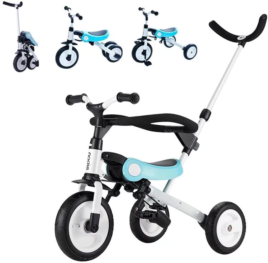 HZDMJ 3in1ベビーカー 折りたたみ三輪車 押し車 かじ付 組み立て簡単 自転車 子供用 発泡タイヤ 超軽量コンパクト 新型 便利 安全ガード付き プレゼントに最適 (ブルー)商品画像