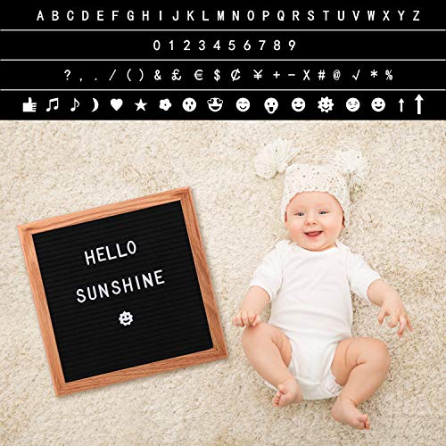 Felt Letter Board, 10 x 10 Oak Frame Changeable Letter Board, Letter Board with 340 Letters, Emojis, Icons and Symbols, Canvas Bag Wall Mount and Scissors