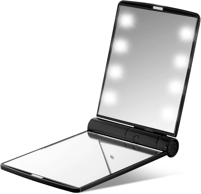 Glamza LED Light Foldable Makeup Mirror - Black, Travel Size, 8 LEDs, Magnetic