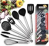 Kitchen Cooking Utensils Set (7 In 1) - Stainless Steel Kitchen Cooking Utensils - Best Silicone Utensils Set - 100% Eco Friendly (Black)