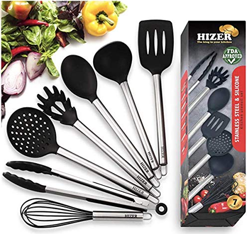 Kitchen Cooking Utensils Set (7 In 1) - Stainless Steel Kitchen Cooking Utensils - Best Silicone Utensils Set - 100% Eco Friendly (Black)