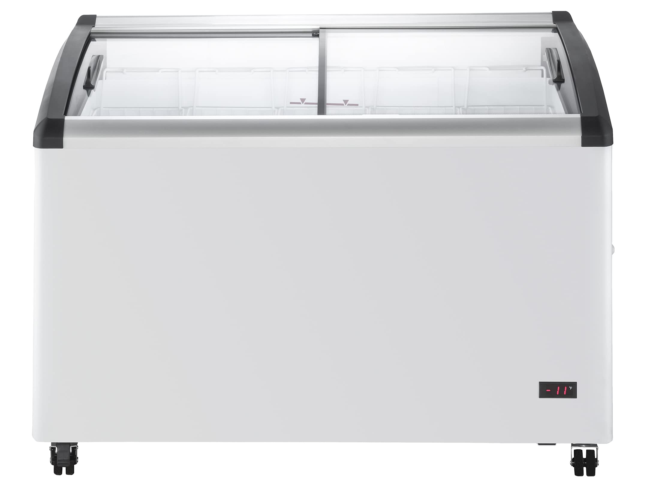 Photo 1 of ** USED / TESTED / FUNCTIONAL ** Duura Commercial Mobile Ice Cream Display Chest Freezer Sub Zero Temp Curved Glass Top Frost Free Lid with 5 Wire Baskets, 47.4 Inch Wide 12.8 Cubic Feet, White