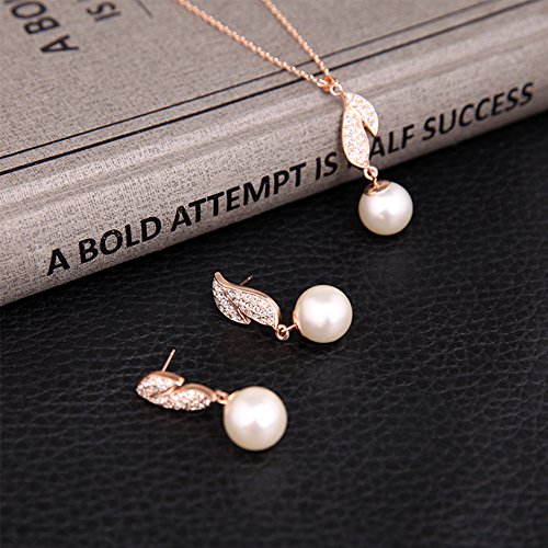 KAVANI Women's Rose Gold Silver Plated Heart-Shaped Leaf Pearl Zircon Jewelry Set Pendant Necklace Earring Set