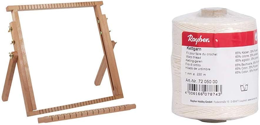 Milward Weaving Loom: Extendable: Beech Wood, 40x40-61cm & Rayher White Warp Thread 6Ply, Warp Yarn 1mm