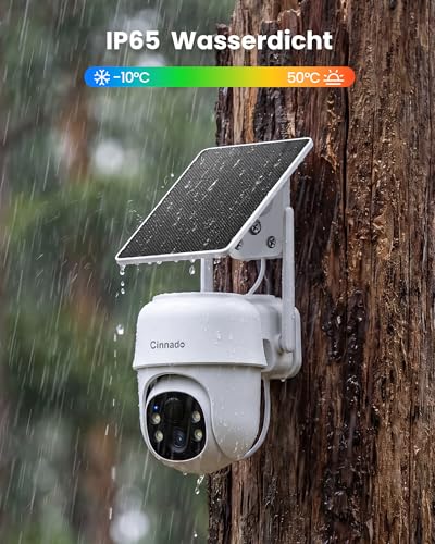 Cinnado Outdoor Surveillance Camera Battery Solar - 2K Wireless Camera Surveillance Outdoor 360° PTZ 2.4 GHz WiFi Outdoor Camera with Solar Panel, PIR Motion Sensor IP65, Colour Night Vision, 2-Way