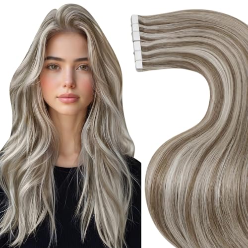 Laavoo Extension Echthaar Tape Braun Echthaar Extensions Tape Echthaar Naturlich Haarverlangerung Echthaar Extensions Tape Remy Haar Aschblond Highlights Bleichblond 50G 20Pcs #P8/24 55Cm