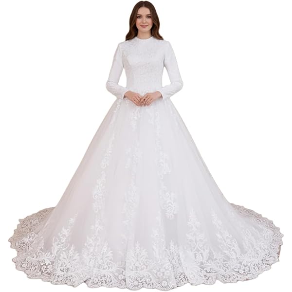 HEULORIA Princess Ball Gown Wedding Dress Long Sleeve Off Shoulder Lace  Beading Bride Dress with Long Train BA-OFB (US, Numeric, 2, Regular,  Regular, White) at Amazon Women's Clothing store