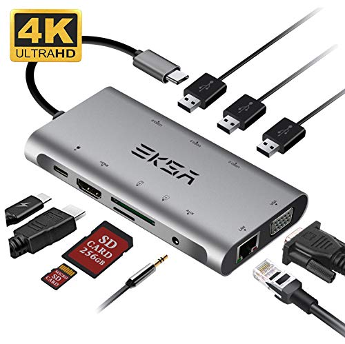 USB C Hub Adapter, EKSA 10 in 1 Thunderbolt 3 Type C Adapter Dock with 3 USB 3.0 Port, 4K HDMI, 1080P VGA, RJ45 Gigabit Ethernet, 3.5mm Audio Output, SD/TF Card Reader and USB Type-C PD Charger