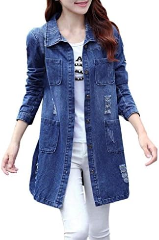 Gloous Women Fashion Long Sleeve Denim Jacket Long Jean Coat Outwear Overcoat