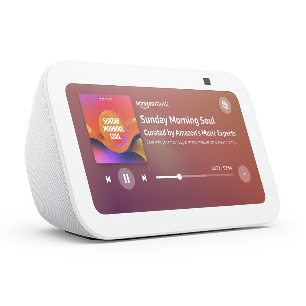 Echo Show 5 (Newest gen) | Smart display and alarm clock with clearer sound | White