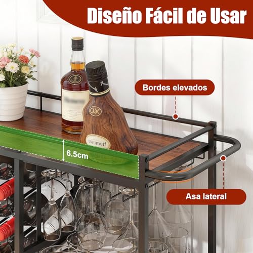Carrito Organizador con Ruedas,Carrito Auxiliar,Carrito de Servicio Tipo Bar,Mueble Cantina Bar para Casa de 3 Niveles,Ruedas Bloqueables,para 12 Botellas y Copero,Multiusos para Cocina,Sala y Fiestas