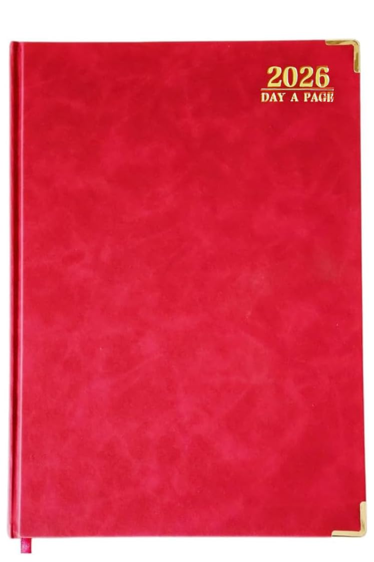 EJRange 2026 A4 Day Per Page Diary – Half-Hourly Appointment Book with Times, Day-to-View Planner, PU Leather Hardback, Padded Cover, Ribbon Marker – Burgundy & Gold