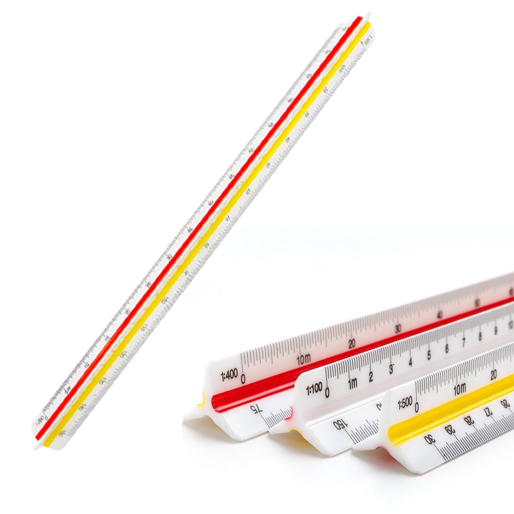 1 PCS Architectural Triangular Scale Ruler Metric 1:100, 1:200, 1:250, 1:300, 1:400, 1:500 Standard 30 CM for Architects, Students, Draftsman and Engineers (White, Red, Yellow - ABS)