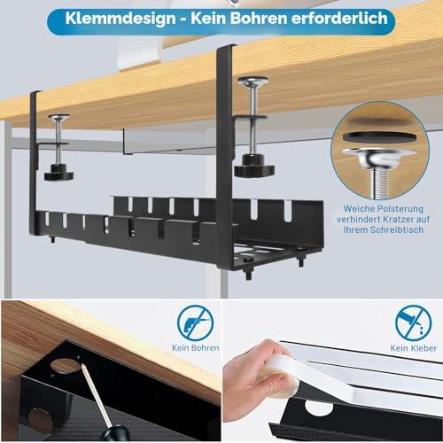 GUOOUG Cable Duct Desk, Black, No Drilling, Retractable 28.5-55 cm, Cable Management Desk, Adjustable Metal Cable Holder, Cable Tray, Cable Organiser, Table, Cable Basket, Clampable for Office