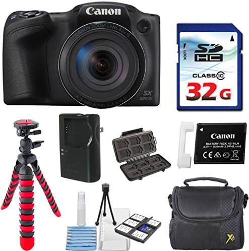 Canon PowerShot SX420 IS (Black) with 42x Optical Zoom and Built-In Wi-Fi with 32GB High Speed Memory Card + Deluxe Camera Case + Flexible Spider Tripod + Starter Kit Deluxe Accessory Bundle