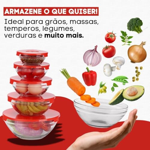 Kit Conjunto 5 Potes de Vidro Organizadores de Cozinha Tigelas de Vidro Armazenar Alimentos Saladas Frutas e Marmitas Tampa à Prova de Vazamentos Premium - Cores Sortidas