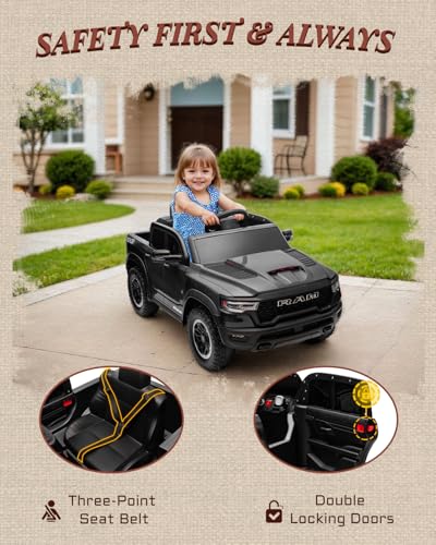 First Ride On 12v Licensed Ram 1500 Rho Kids Ride on Car, Ride on Toys w/Parent Remote Control, Electric Car for Kids with Smooth Start, Truck Bed Storage, 3 Point Safety Belt, Bluetooth(Black)