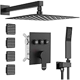 Shower System with Body Jets,Bostingner 3 Way Shower Faucet Set 12" Rain Shower Head with Handheld Spray, Can Use at Same Time,Push Button Diverter Shower Head Set Complete, Matte Black
