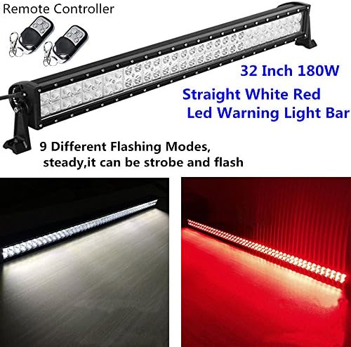 Night Break Light 32 Inch 180W Led Light Bar with Remote Controller White and Red Color Changing Led Warning Emergency Light Bar for Off-road SUV Boat 4x4 Jeep Lamp 4wd