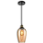 LUXWELL Modern Glass Pendant Light, 6"x9.2" Amber Ribbed Oval Light Fixture with Gold Cap, 15"-72" Adjustable Cord, E26 Socke