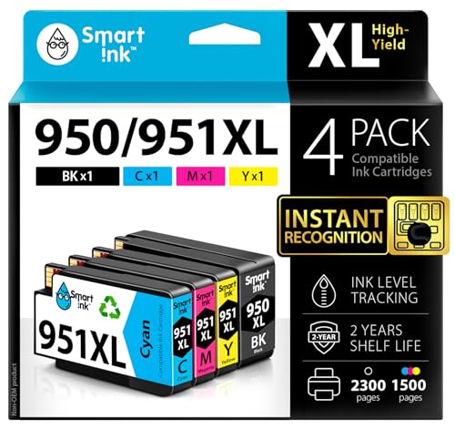 Smart Ink Compatible Printer Cartridges to Replace HP 950XL 951XL 950 XL 951 XL 4 Multipack (Black & Cyan Magenta Yellow) Cartridges High Yield for HP Officejet Pro 8100 8600 8615 8616 8620 8640
