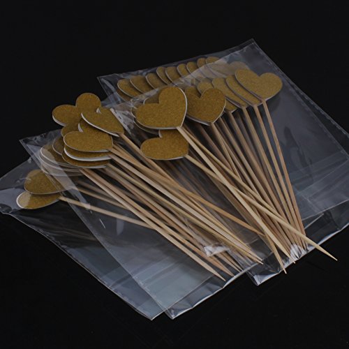 Zicome 50 Pack Double Sided Gold Glitter Cupcake Toppers Attached with Sticks for Baby Bridal Shower Birthday Party and Wedding (Heart)