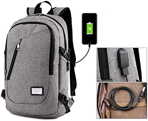 Laptop Backpack, Business Water Resistant Polyester Laptop Backpack with USB Charging Port Fits Under 17-Inch Laptop and Notebook (Grey)