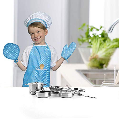 FUQUN 17Pcs Matschküche Zubehör Outdoor, Küchenspielzeug Zubehör Kinderküche Kochgeschirr Edelstahl Pfannenset Schürze… – Bild 7