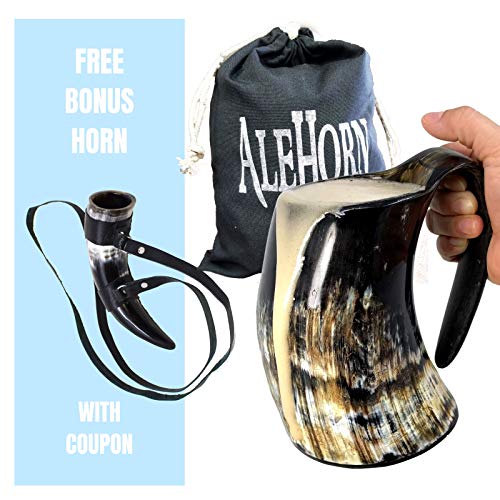 AleHorn Genuine 100% Real Horn Handcrafted Authentic Viking Drinking Horn XL Tankard for Beer, Mead, Ale-Medieval Inspired Game of Thrones Mug Cup Goblet Food Safe Vessel 100% Lifetime Warranty