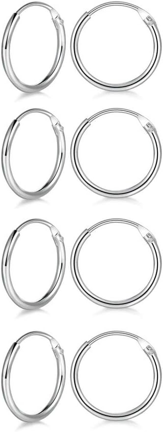 4 Pairs Sterling Silver Cartilage Small Hoop Earrings Set Hypoallergenic 14K White Gold Plated Endless Helix Tragus Earrings Nose Lip Rings, 8mm 10mm 12mm 14mm
